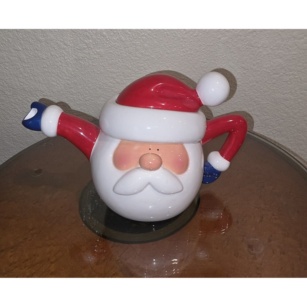 Department 56 Santa Claus Teapot Ceramic Red White Blue Hand Painted Christmas